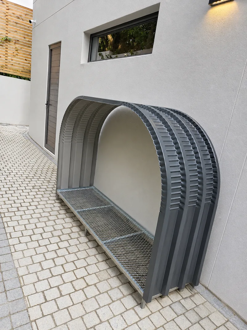 Charcoal firewood shed installed empty against a plastered wall on cobbled paving