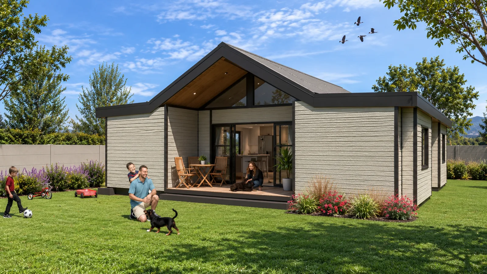 Exterior of the three-bedroom container home, noted as an artist's impression.