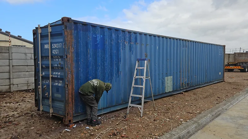 Blue shipping container on a site with a person on a stepladder working on the side wall