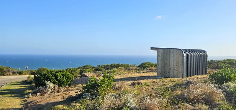 Pod seen from a distance across coastal vegetation with the ocean beyond